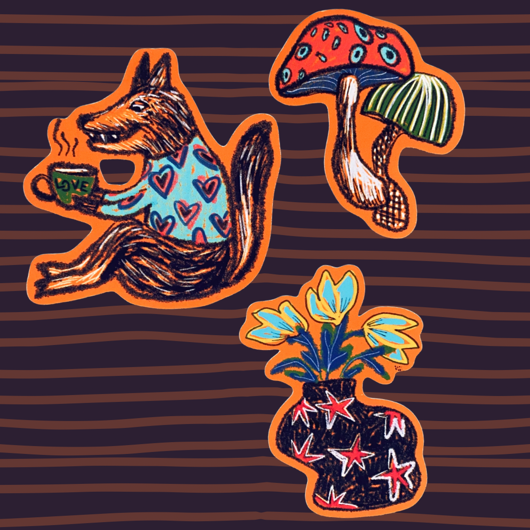 Whimsical Stickers: wolf with love mug, vase with tulips and mushrooms Design