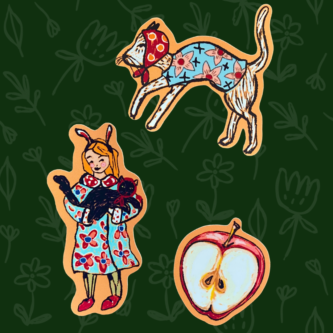 Whimsical Stickers: Girl with Black Cat, White Cat in Bonnet & Jumper and Red Apple Design