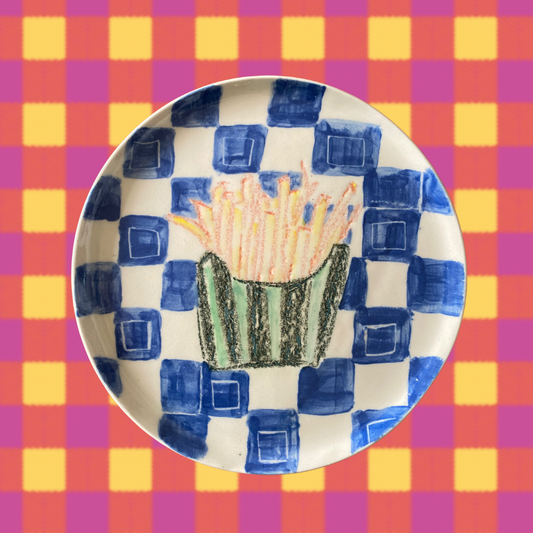 Handmade Ceramic Plate with French Fries and Checks Design