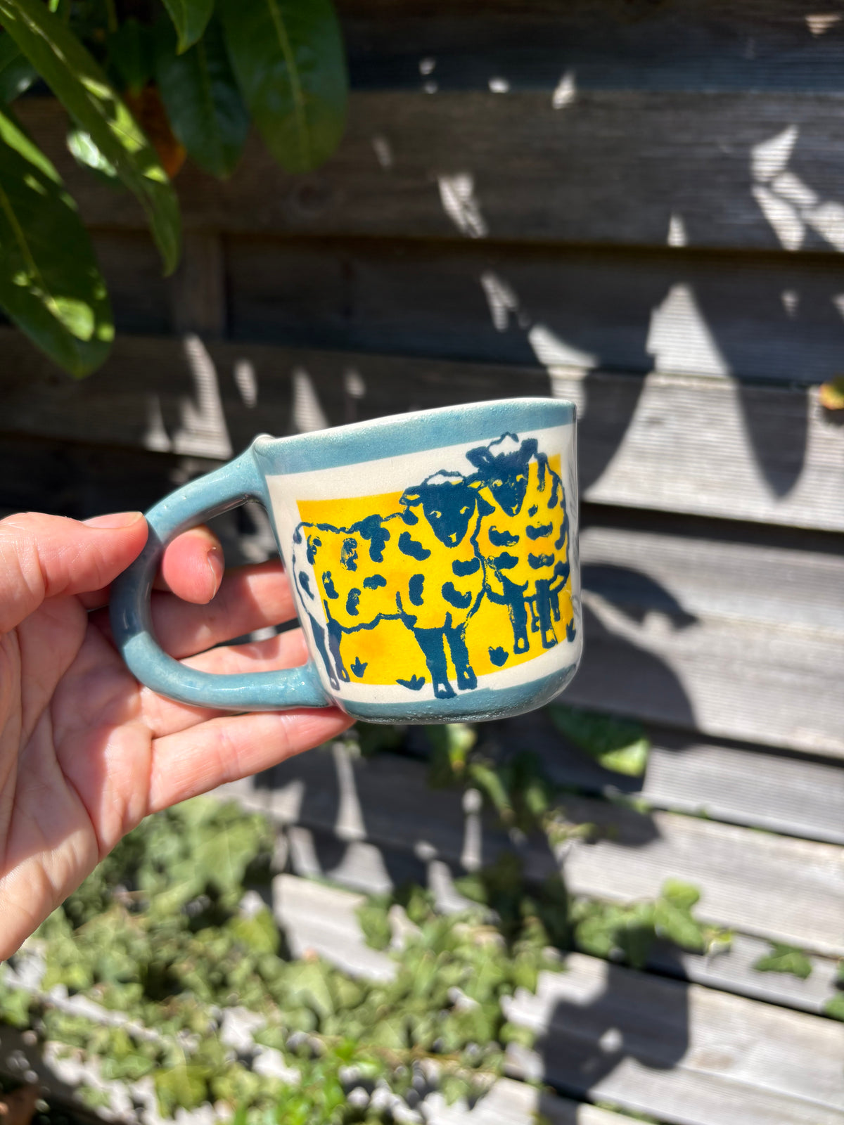 Handmade ceramic Espresso and cappuccino travel mugs and dish with sheep motif
