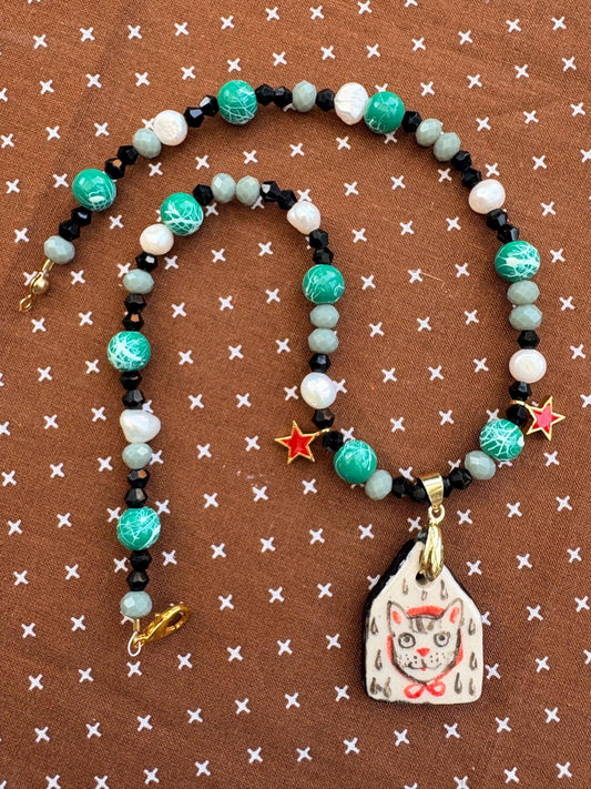 Cat with stars ceramic charm necklace