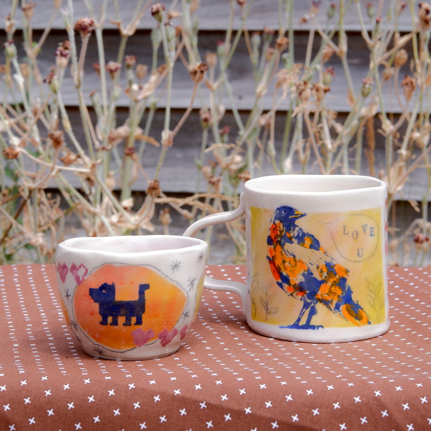 Whimsical Ceramic Cups - Bird & Dog Design