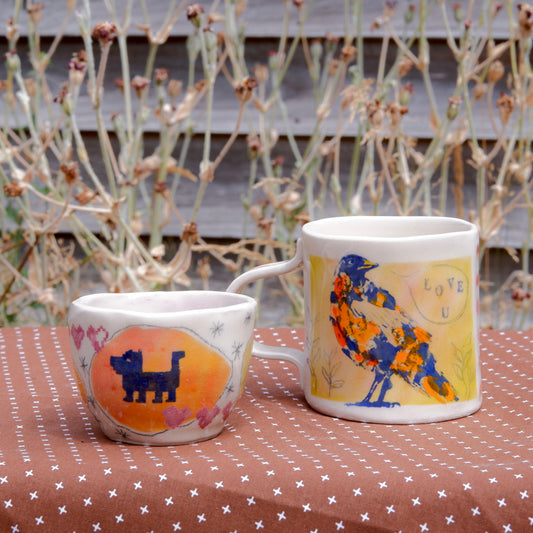 Whimsical Ceramic Cups - Bird & Dog Design
