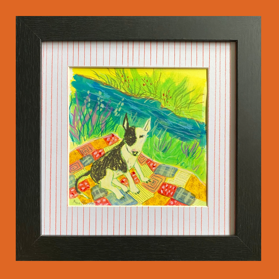 River Pup: Ink, pencil and pastel bull terrier original painting - framed