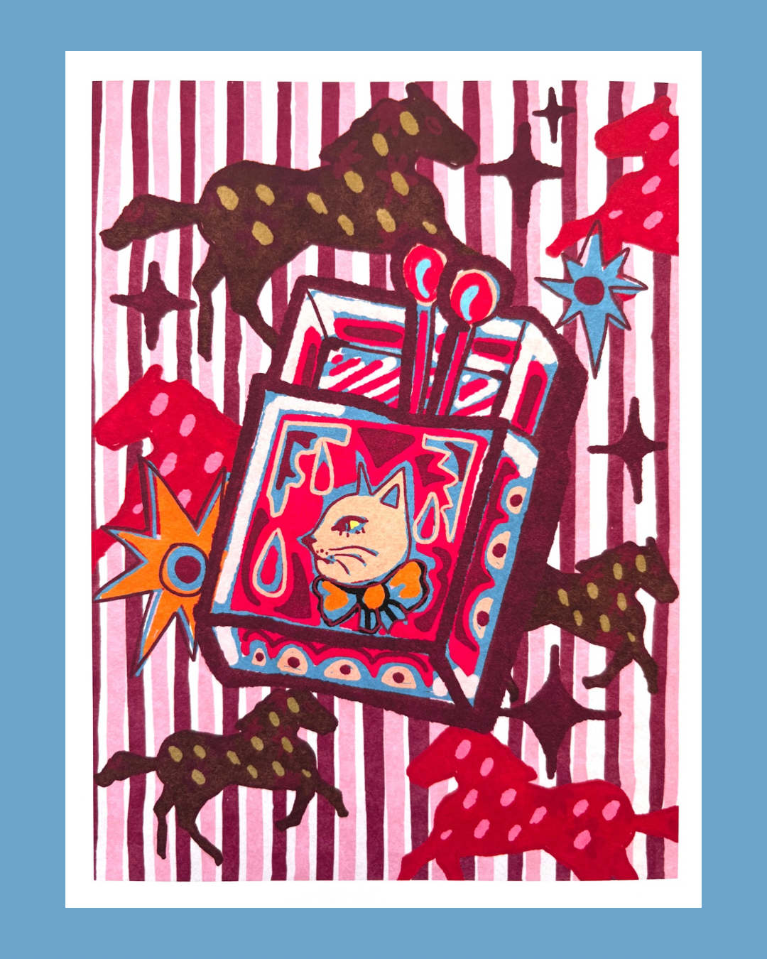 Whimsical Cat & Horses Matchbox art print