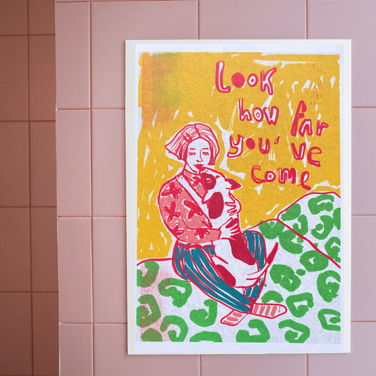 Self care art print - Girl and Dog Hug, Look How Far You've Come quote