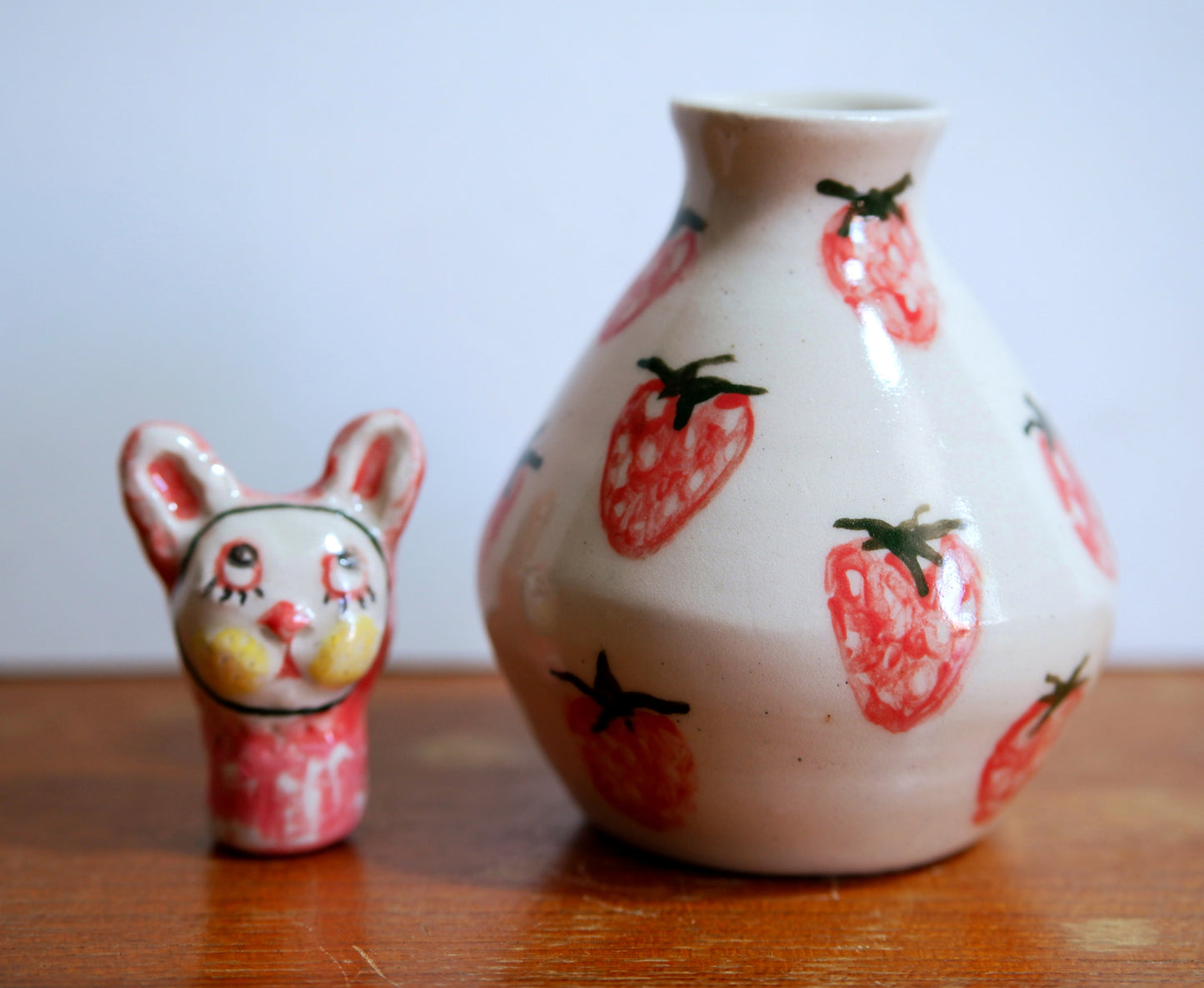 Adorable Handmade Ceramic BunnyPeek-a-boo in Strawberry Vase