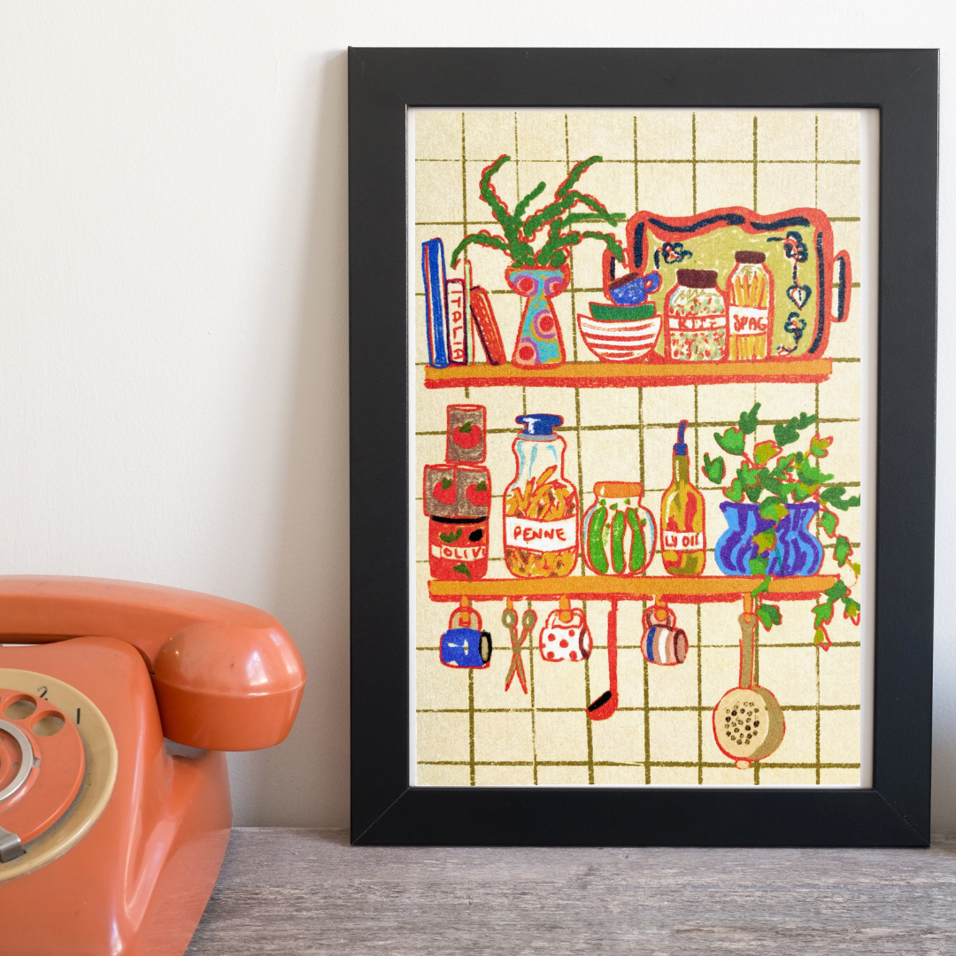 Kitchen shelves food lover art print - culinary wall decor for foodies