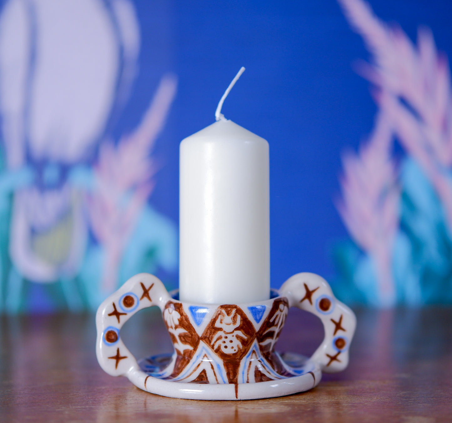 Delicate Ceramic Candle Holder with botanical geometric Motif