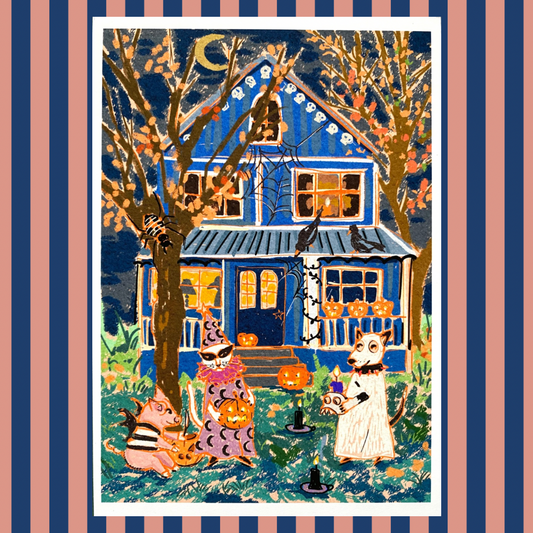 Halloween Party Art Print: Whimsical Ghost Dog, Wizard Cat & Spooky Animals