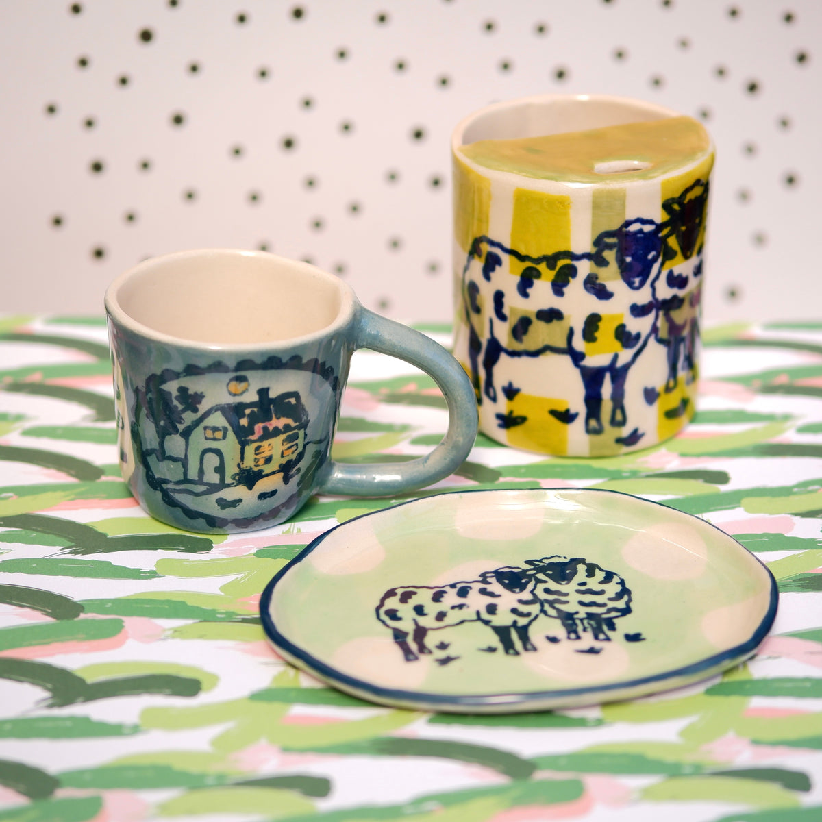 Handmade ceramic Espresso and cappuccino travel mugs and dish with sheep motif