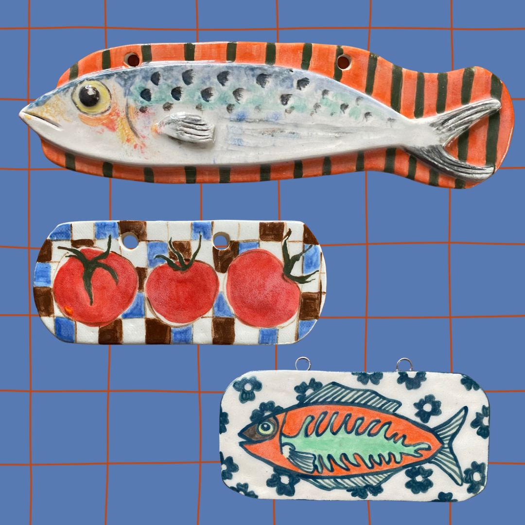 Handmade sardines and tomatoes farmhouse style ceramic wall hanging tile decor