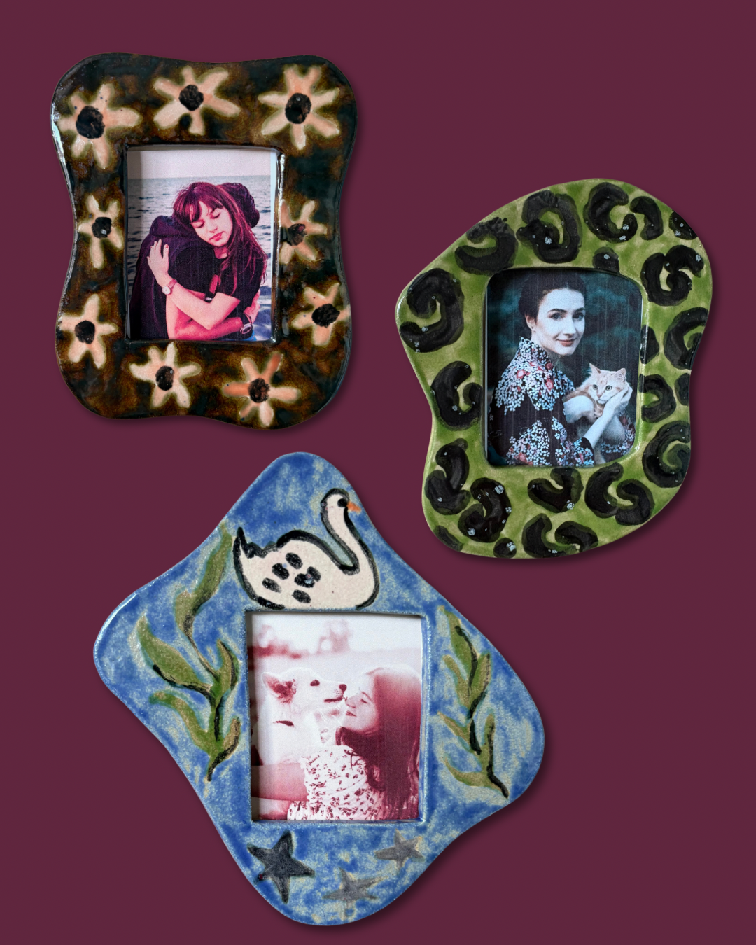 Ceramic Picture Frames: Unique Handmade Leopard, Flower, & Swan Designs