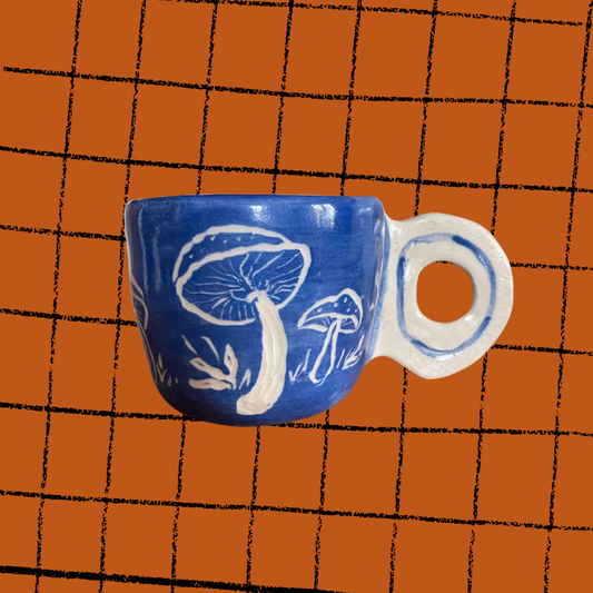 Handmade stoneware blue mushrooms small coffee cup