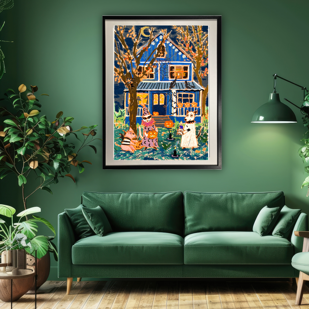 Halloween Party Art Print: Whimsical Ghost Dog, Wizard Cat & Spooky Animals