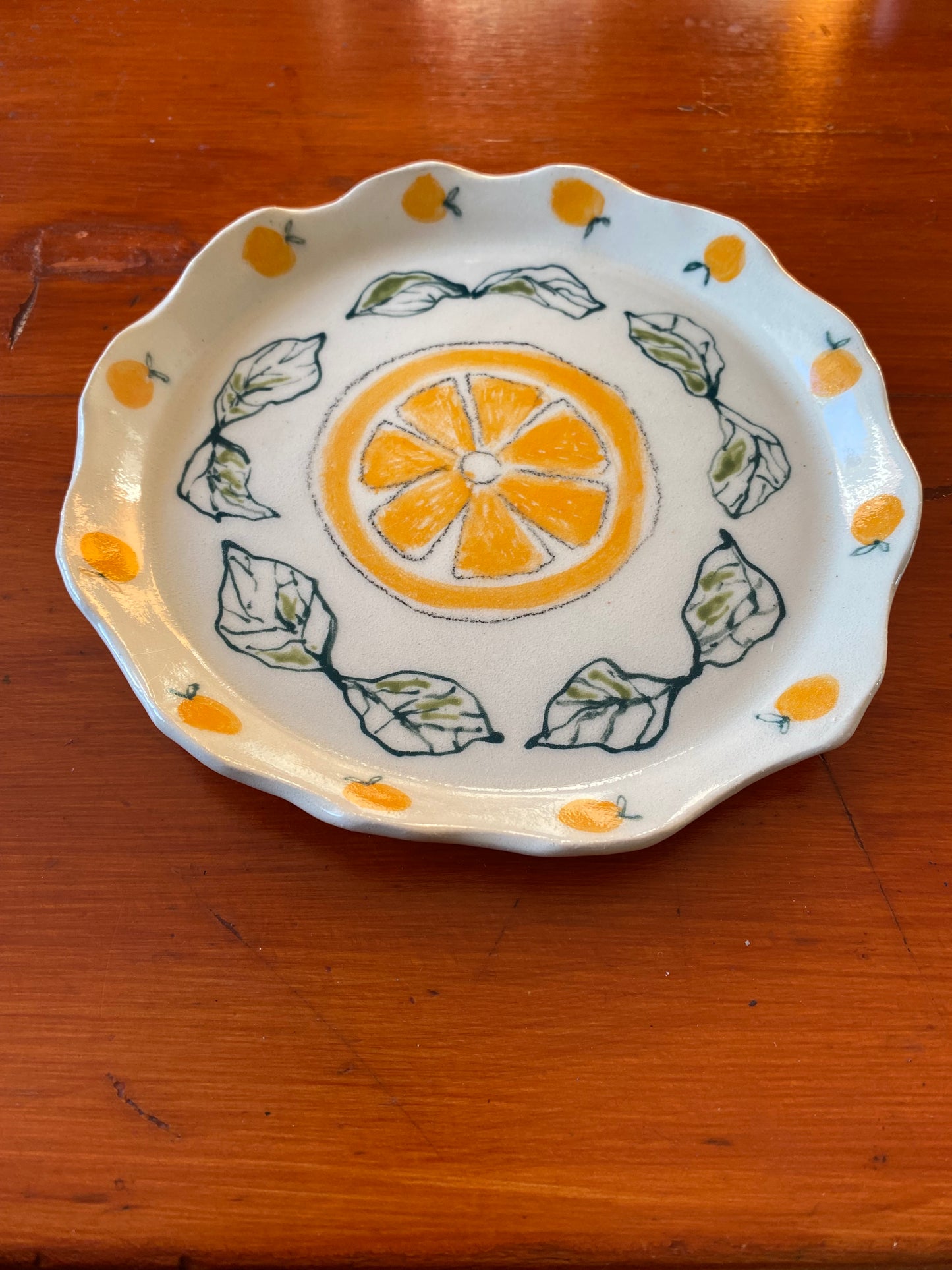 Handmade Delicate Ceramic Plate with Oranges & Leaves