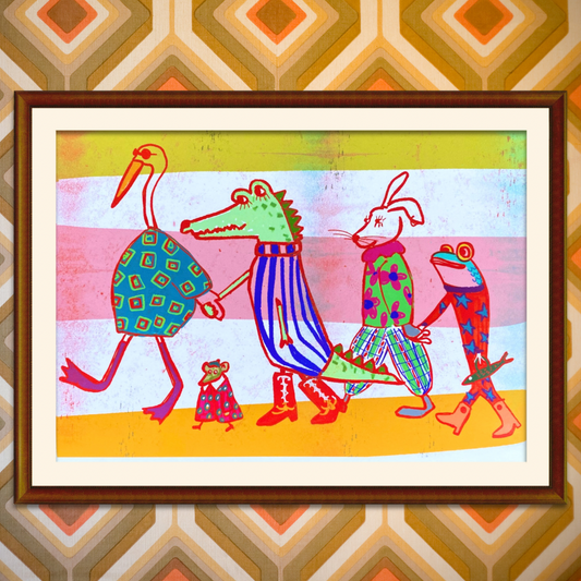 Friendship Animal Art Print - "Besties Walk" featuring sardine, crocodile, bunny, mouse and heron
