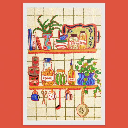 Kitchen shelves food lover art print - culinary wall decor for foodies