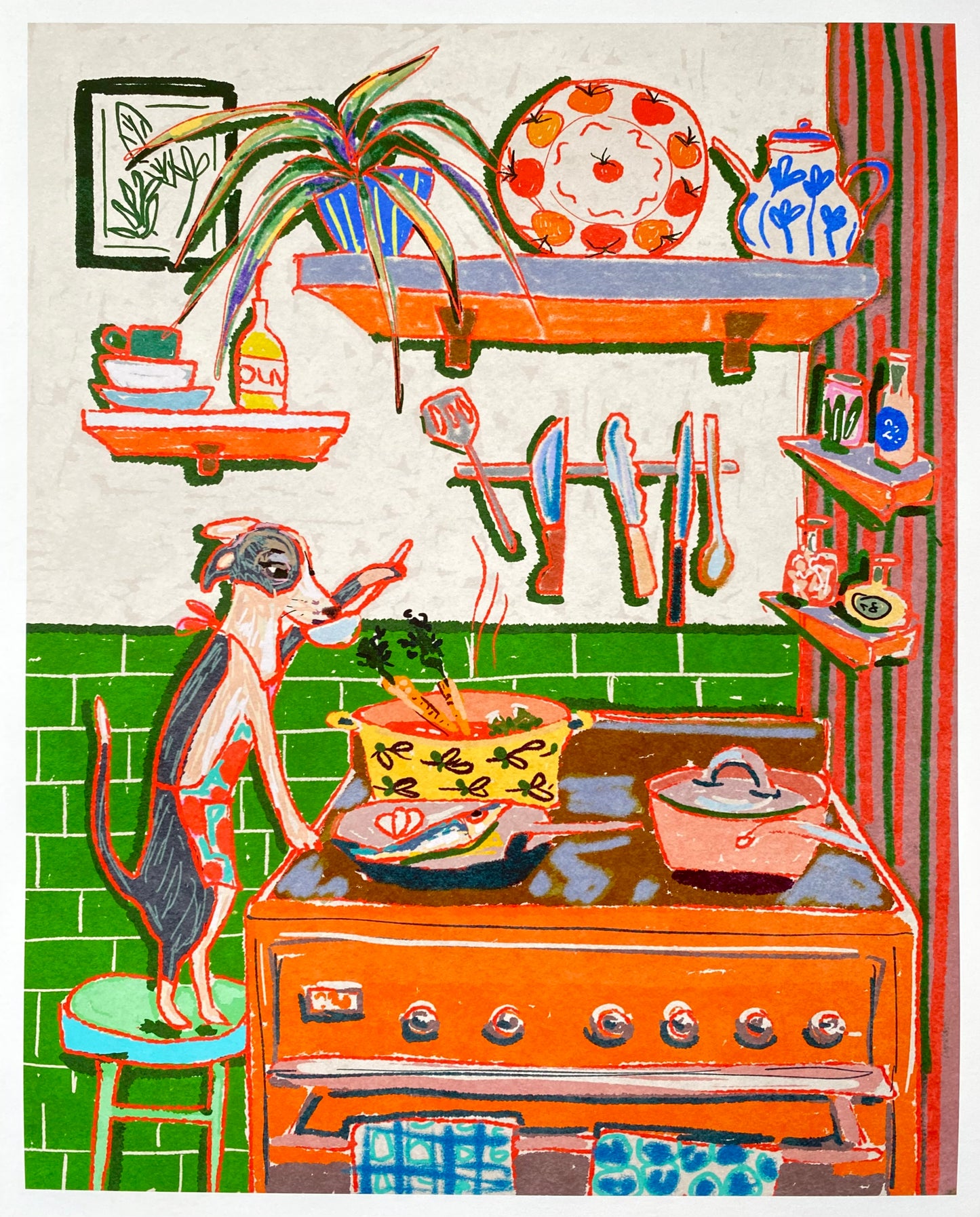 Whimsical Dinner Time Dog Art Print - Chef Kiss Wall Decor