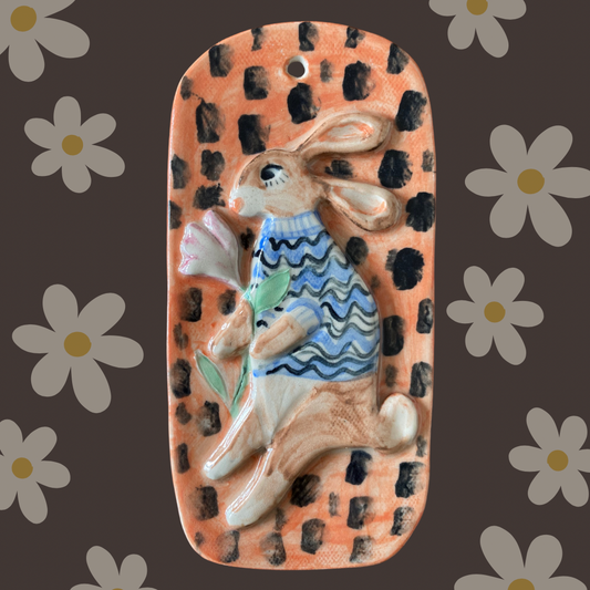 Ceramic Spring Bunny Wall Art with Delicate Flower Accent