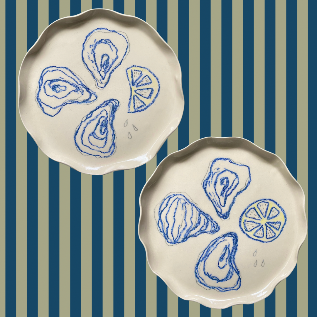 Handmade oysters and lemons scalloped ceramic plates