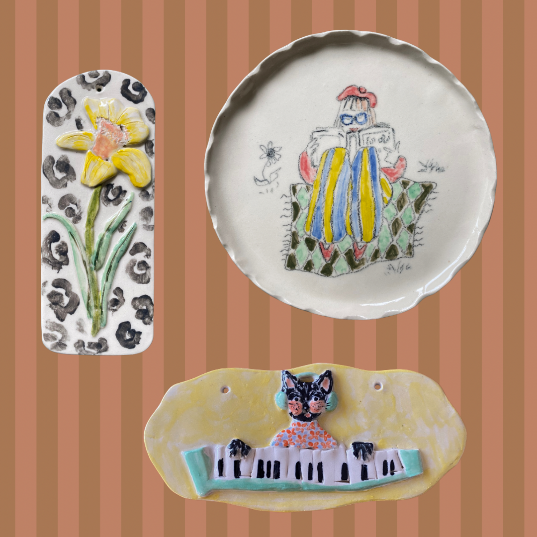 Handcrafted leopard print daffodil floral tile wall hanging