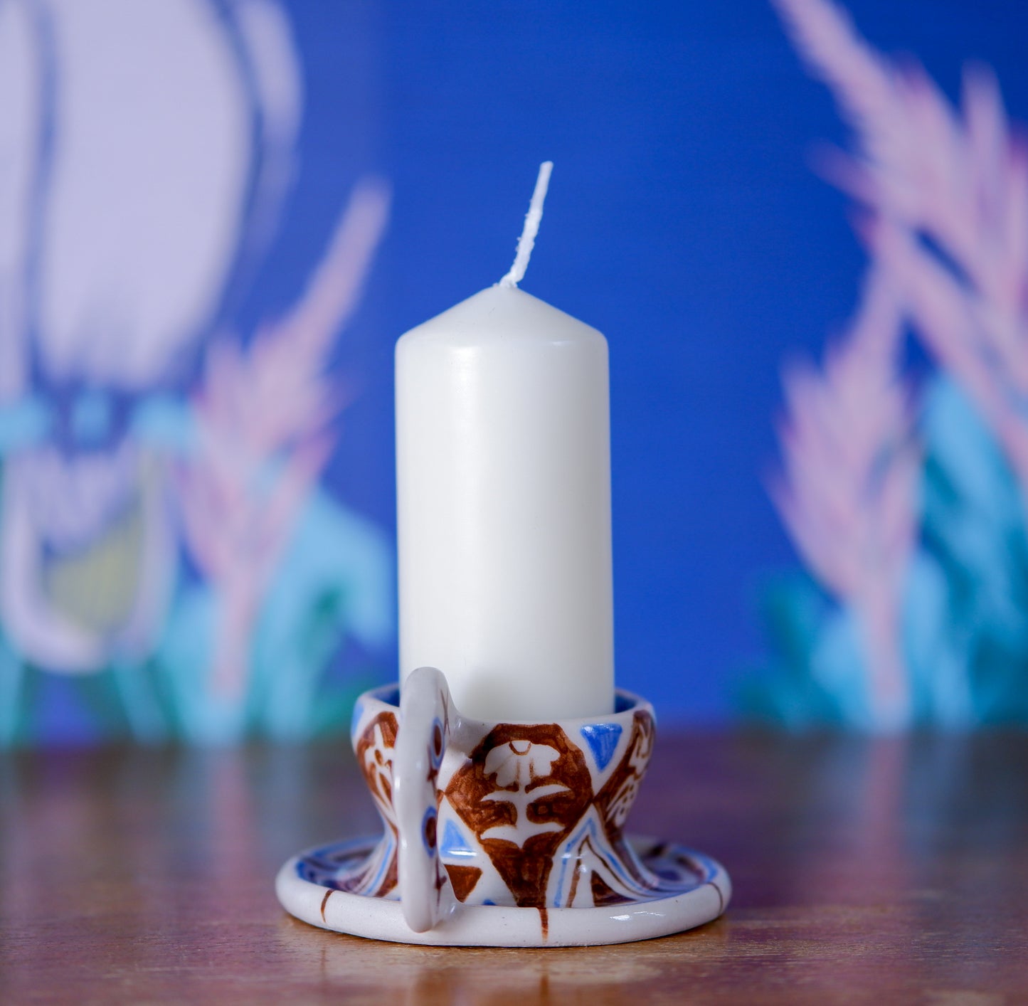 Delicate Ceramic Candle Holder with botanical geometric Motif