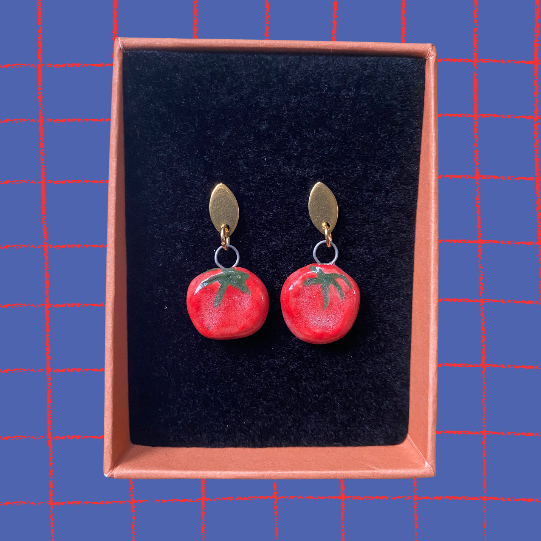 Handmade ceramic tomato earrings - whimsical food jewellery