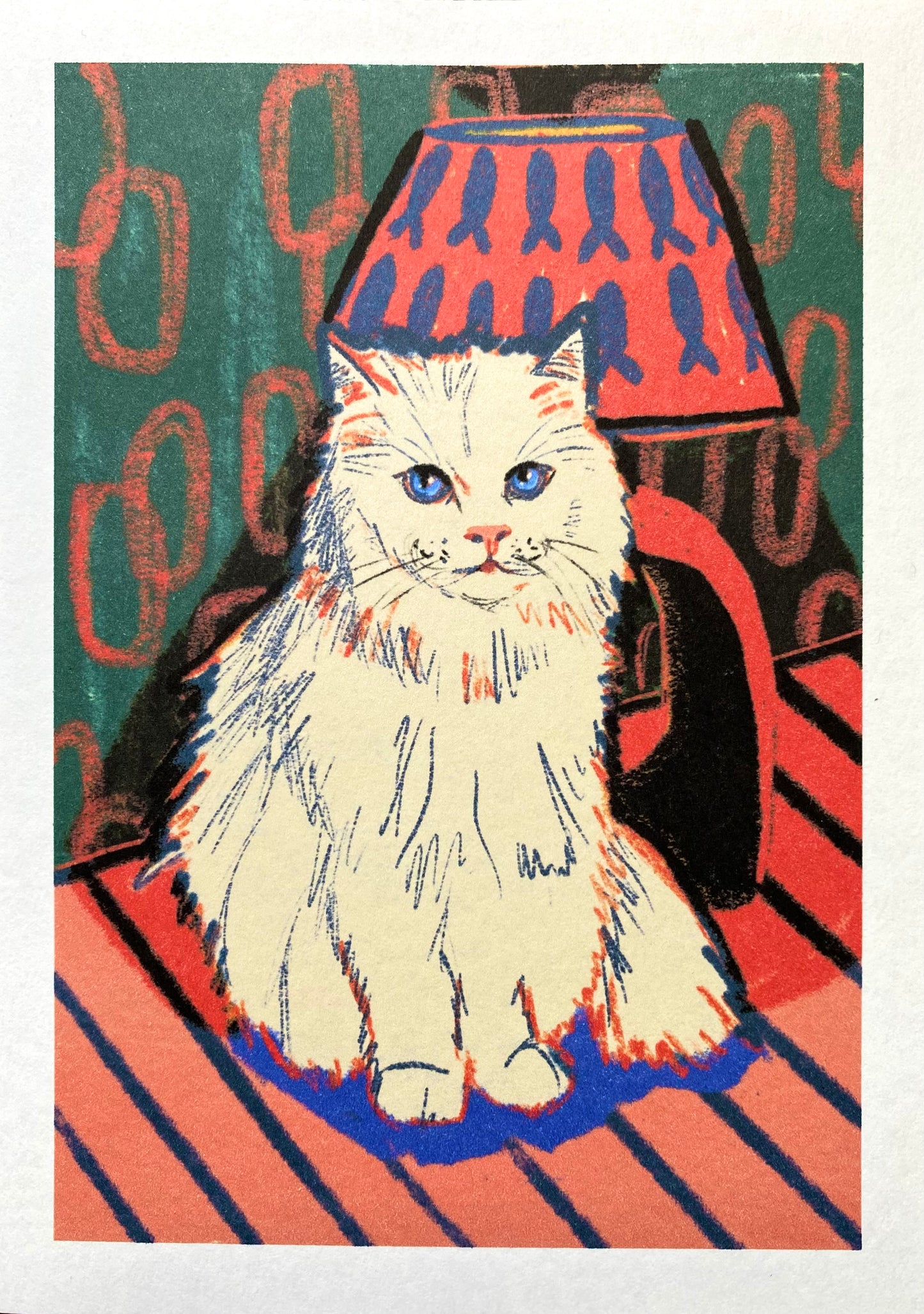 White cat with lamp art print