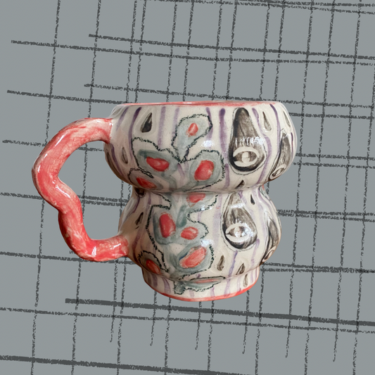 Handmade stoneware plants and eyes abstract tea mug