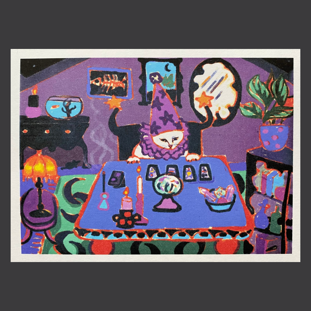 Magical witch cat tarot reader art print