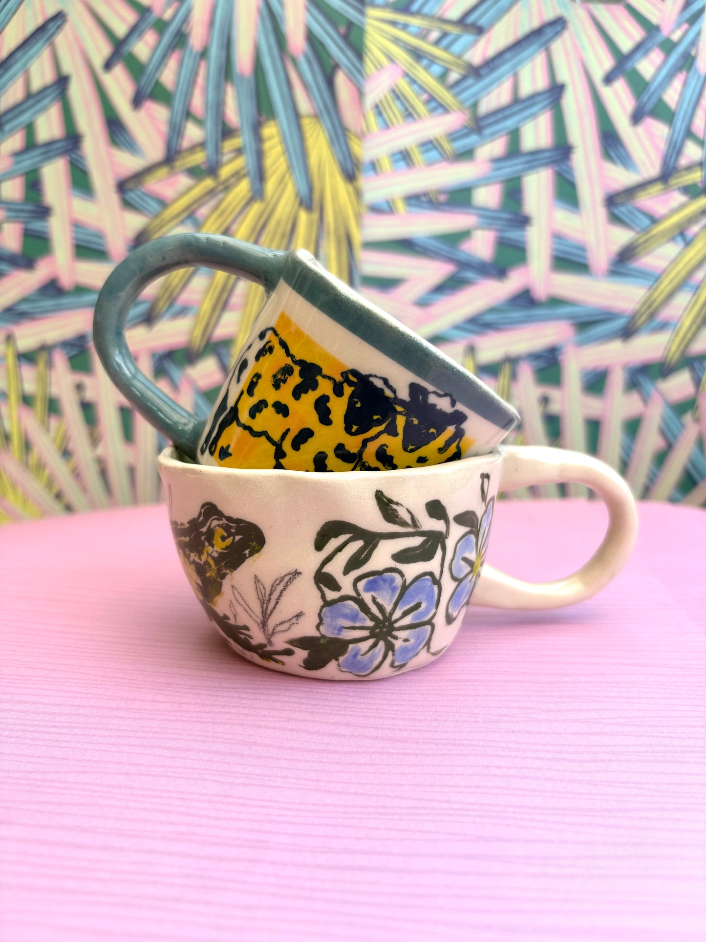 Handmade Stoneware Espresso or cappuccino sheep and frog mugs