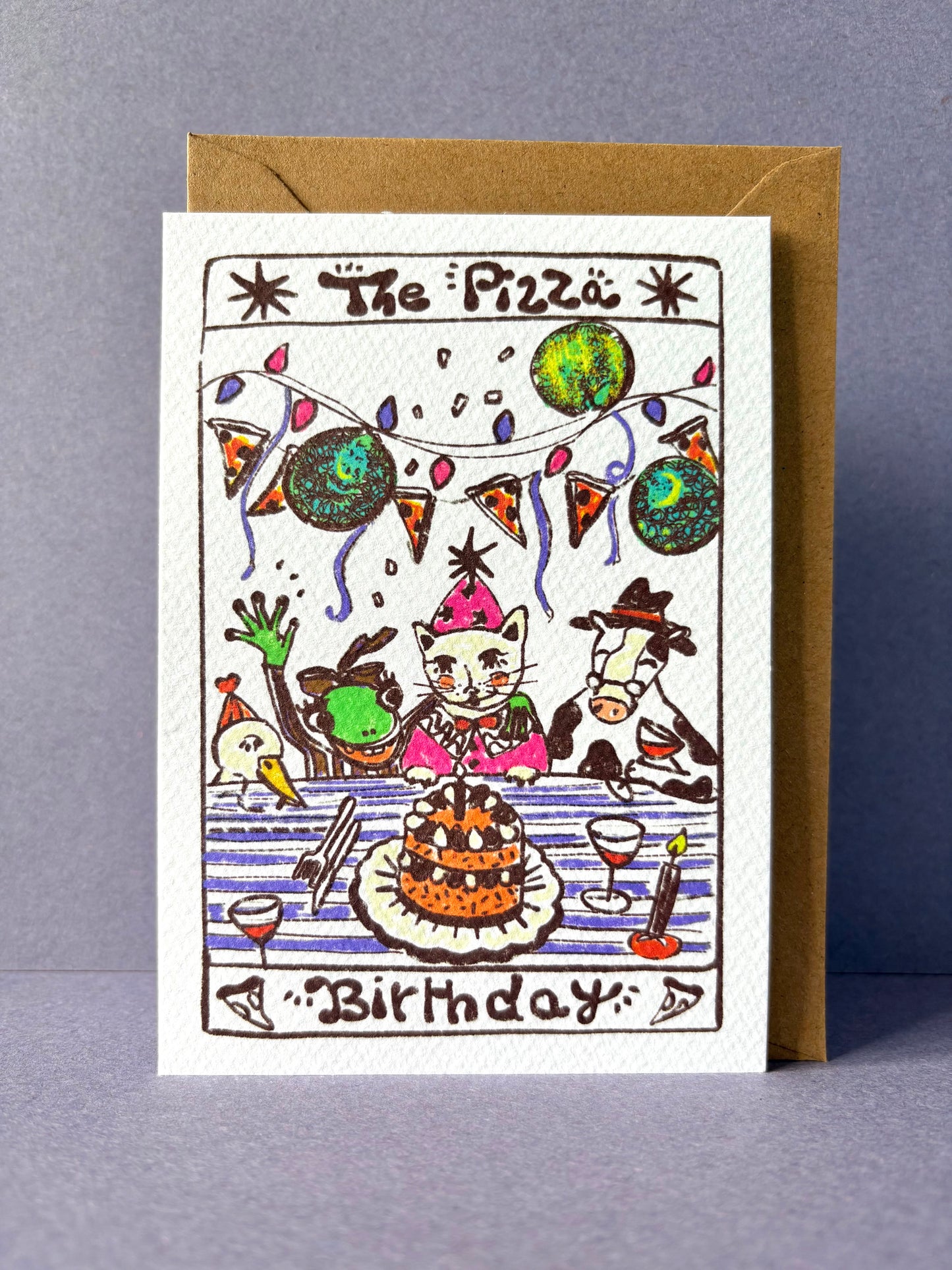 Whimsical Pizza Birthday Tarot Card with cat and other Animals