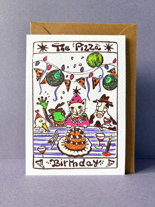 Whimsical Pizza Birthday Tarot Card with cat and other Animals