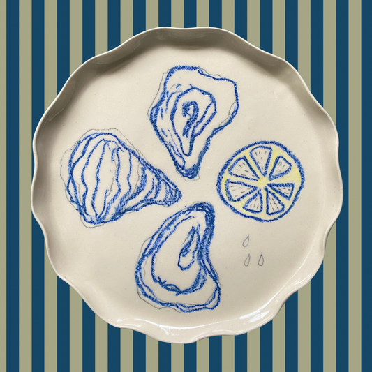Handmade oysters and lemons scalloped ceramic plates