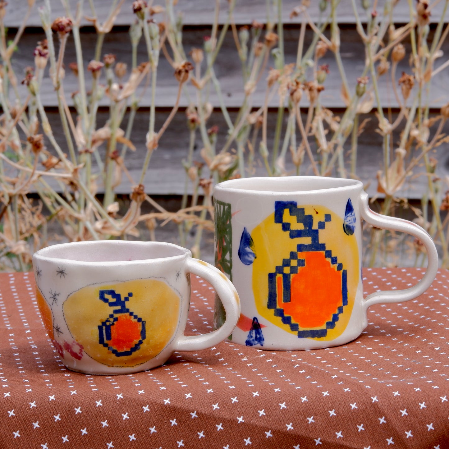 Whimsical Ceramic Cups - Bird & Dog Design