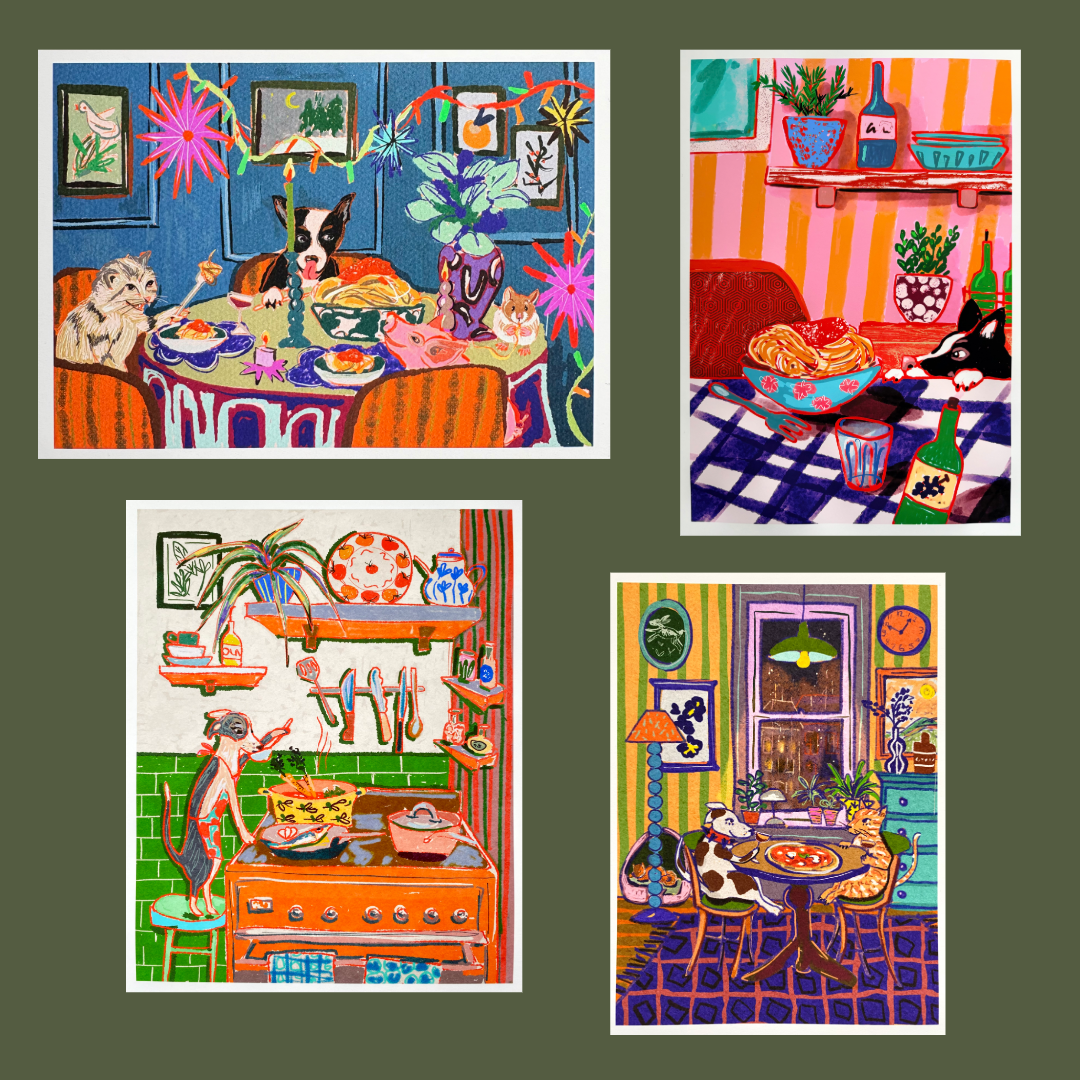 "Spaghetti dinner party" whimsical wall art