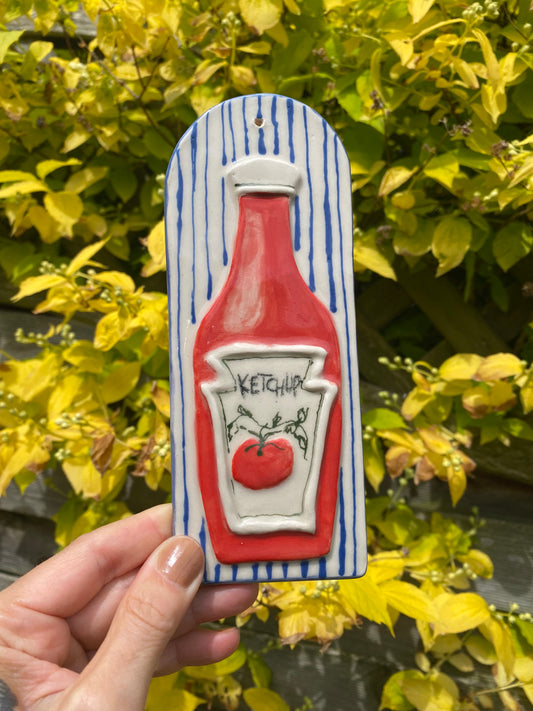 Ketchup and checks foodie lover ceramic wall hanging tile decor