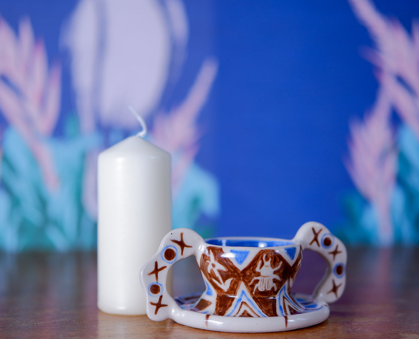 Delicate Ceramic Candle Holder with botanical geometric Motif