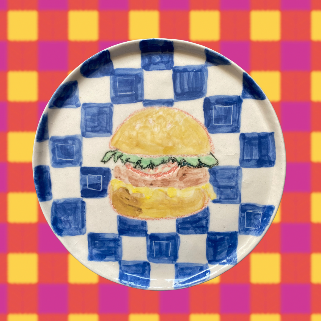 Handmade Ceramic Plate with burger and Checks Design