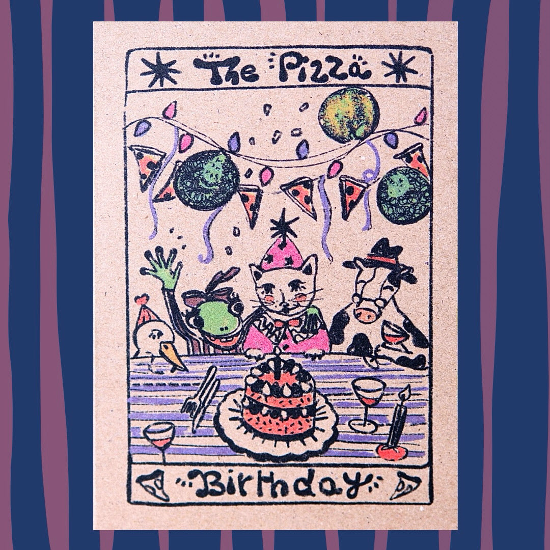 Whimsical Pizza Birthday Tarot Card with cat and other Animals