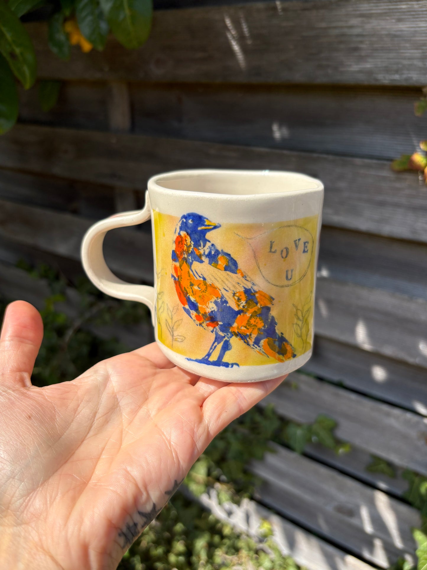 Whimsical Ceramic Cups - Bird & Dog Design