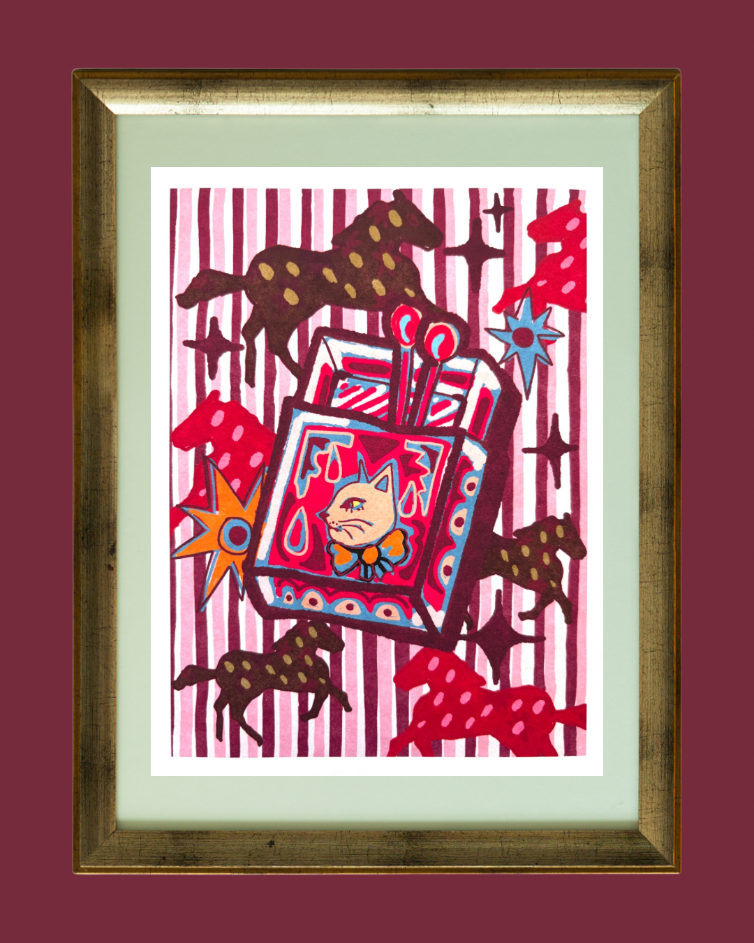 Whimsical Cat & Horses Matchbox art print