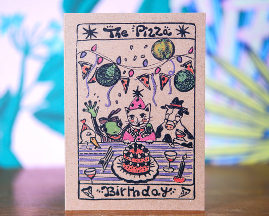 Whimsical Pizza Birthday Tarot Card with cat and other Animals