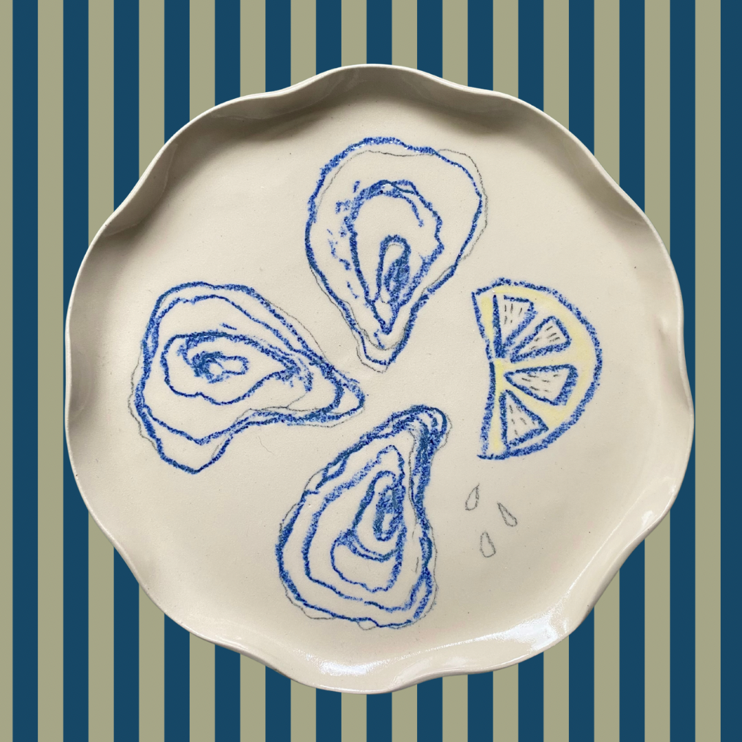 Handmade oysters and lemons scalloped ceramic plates