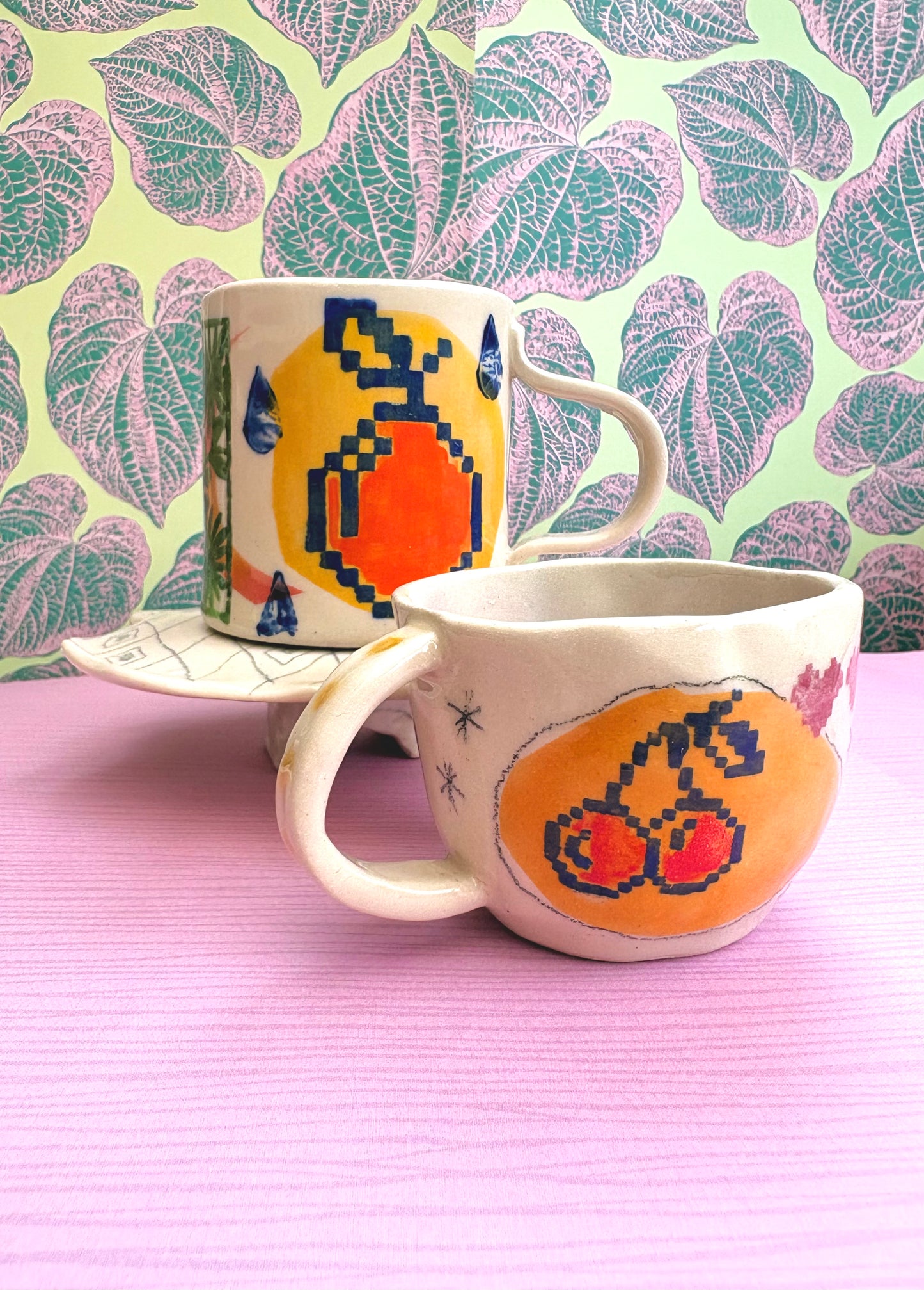 Whimsical Ceramic Cups - Bird & Dog Design