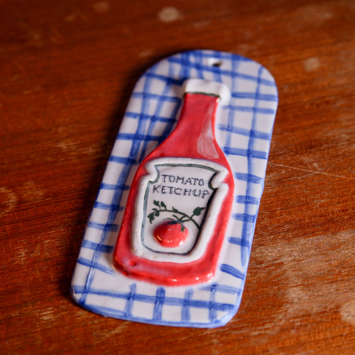 Ketchup and checks foodie lover ceramic wall hanging tile decor