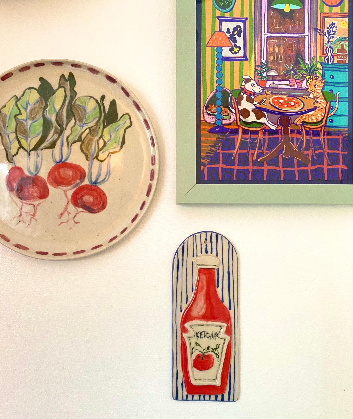 Ketchup and checks foodie lover ceramic wall hanging tile decor