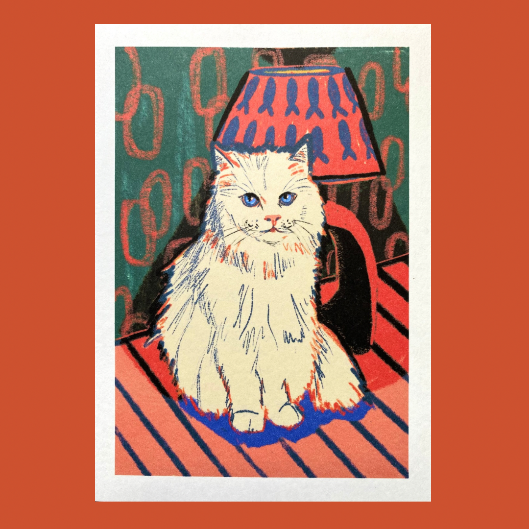 White cat with lamp art print