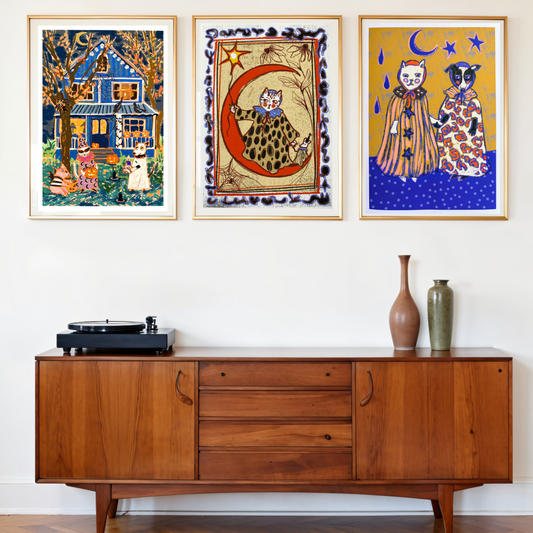Halloween Party Art Print: Whimsical Ghost Dog, Wizard Cat & Spooky Animals